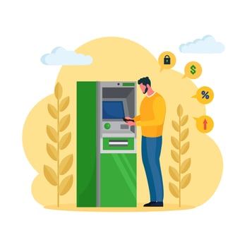 ATM bank terminal. Man customer standing near credit card reader machine and withdraw money. Vector cartoon design