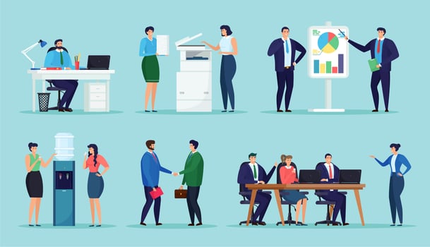 Bundle of male and female office clerks working in office. Managers talking to each other, negotiation, discussing work issues, shaking hands, brainstorming. Women print documents, have a break vector