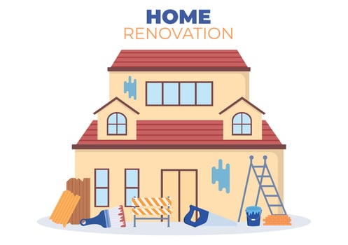 Home Renovation or Repair with Construction Tools, Laying Floor Tiles and Painting Wall to Good Decoration Condition in Flat Background Illustration vector