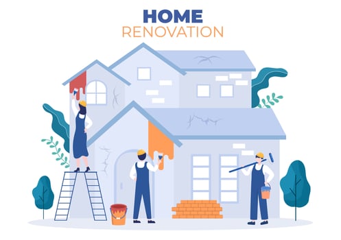 Home Renovation or Repair with Construction Tools, Laying Floor Tiles and Painting Wall to Good Decoration Condition in Flat Background Illustration vector