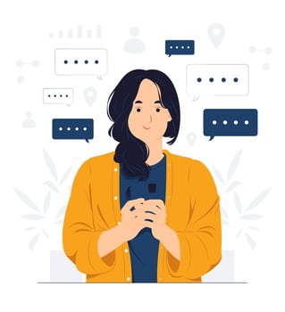 Girl using mobile phone, texting, messaging or chatting with friends online, looking at smart phone concept illustration vector