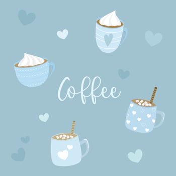 Vector - Cute 4 hot coffee or chocolate cup, whipping cream and many hearts. Lovely image. Blue color. Clip art. Can be use decorate any web, sticker, icon, logo, banner,  sticker.