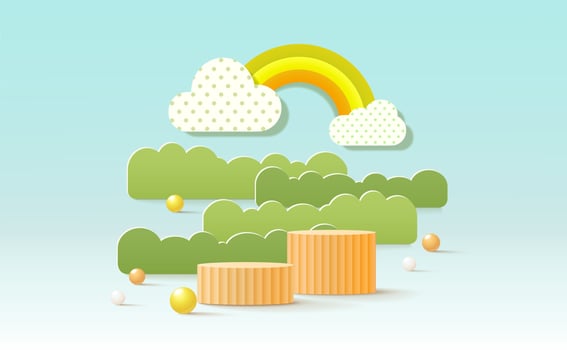 3d product podium, pastel color background, clouds, weather with empty space for kids or baby product. vector