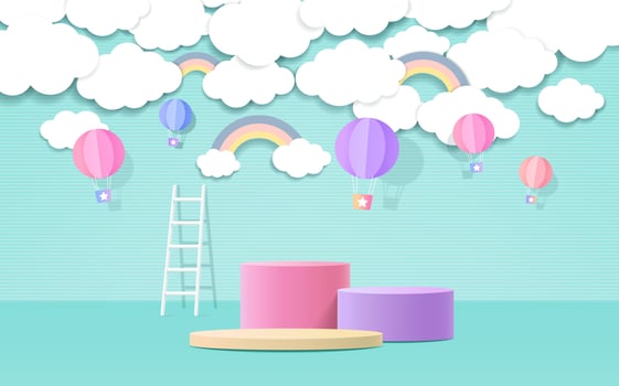 3d product podium, pastel color background, clouds, weather with empty space for kids or baby product. vector