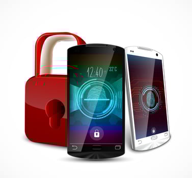 Two smartphone with a fingerprint and a padlock ,concept of privacy and safety .Vector 3D illustration vector