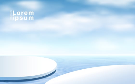 Abstract 3D white cylinder pedestal podium with blue sky background. Modern vector rendering geometric platform for product display presentation.