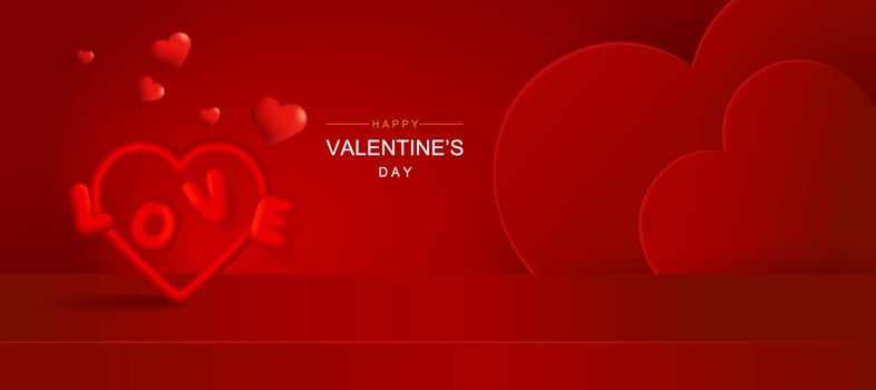 Valentine's day banner template with 3D hearts, shining lights and stage. Vector illustration