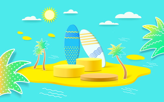 Summer background product display scene with surfboard. sky cloud background on the ocean display. vector