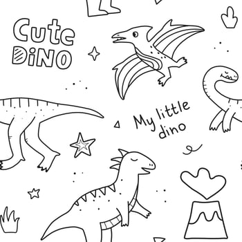 Seamless pattern with cute dinosaurs and hand lettering. Hand drawn vector doodle design for kids.