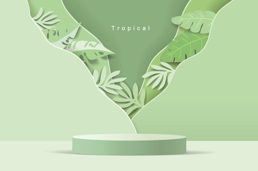 Paper cut landscape banner with paper craft art. podium product display vector