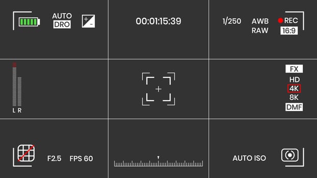 Camera viewfinder video or photo frame recorder flat style design vector illustration. Digital camera viewfinder with exposure settings and focusing grid template.