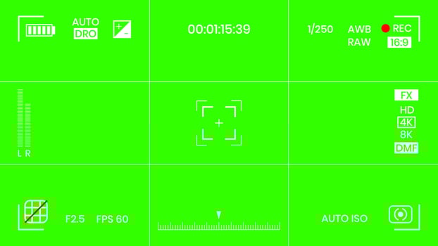 Green colored chroma key camera rec frame viewfinder overlay background screen flat style design vector illustration. Chroma key VFX screen camera overlay abstract background concept for video footage