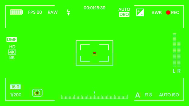 Green colored chroma key camera rec frame viewfinder overlay background screen flat style design vector illustration. Chroma key VFX screen camera overlay abstract background concept for video footage