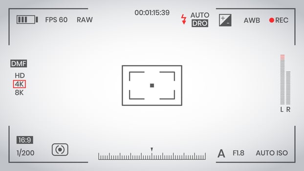 Camera viewfinder video or photo frame recorder flat style design vector illustration. Digital camera viewfinder with exposure settings and focusing grid template.