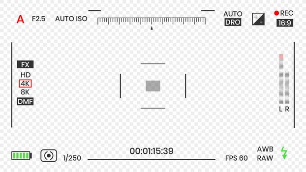 Camera viewfinder video or photo frame recorder flat style design vector illustration. Digital camera viewfinder with exposure settings and focusing grid template.