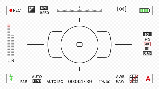 Camera viewfinder video or photo frame recorder flat style design vector illustration. Digital camera viewfinder with exposure settings and focusing grid template.