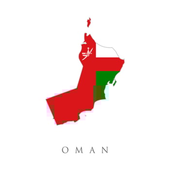 Flag of Sultanate of Oman overlaid on outline map isolated on white background. Map of Oman with flag vector