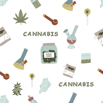Hand Drawn Cannabis, Marijuana Elements Seamless Pattern. Lighter, Pizza, Cupcakes And More. Vector Flat Illustrations
