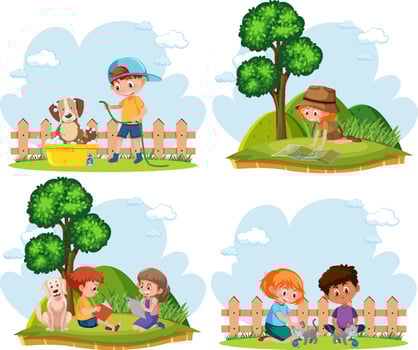 A set of children doing activities in the garden vector