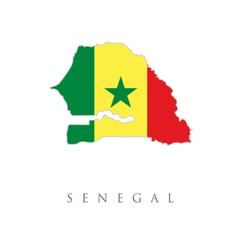 Map of Senegal on a blue background, Flag of Senegal on it. Senegal flag map background. The flag of the country in the form of borders. Stock vector illustration isolated on white background.