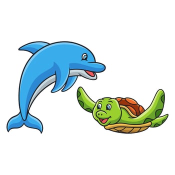 cartoon illustration underwater life of turtles and dolphins vector
