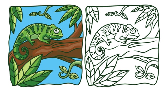 cartoon illustration chameleon on a tree trunk coloring book or page for kids vector