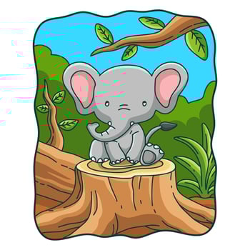 cartoon illustration elephant sitting on a tree that has been cut down vector