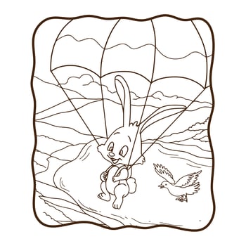cartoon illustration bunny skydiving with a dove coloring book or page for kids vector