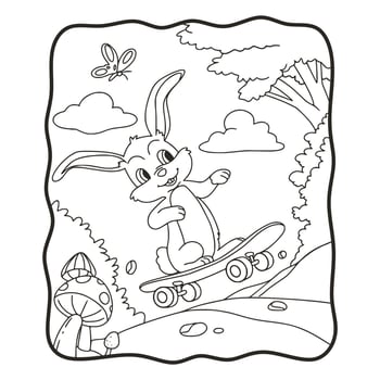 cartoon illustration rabbit skateboarding coloring book or page for kids black and white vector
