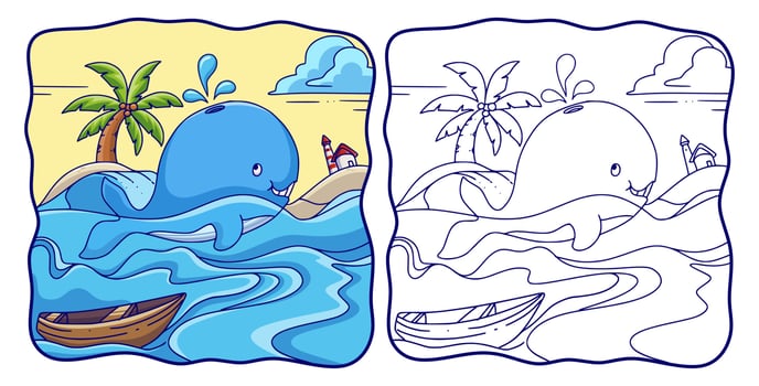 cartoon illustration Whale swims in the sea and spouts water from above his head coloring book or page for kids vector