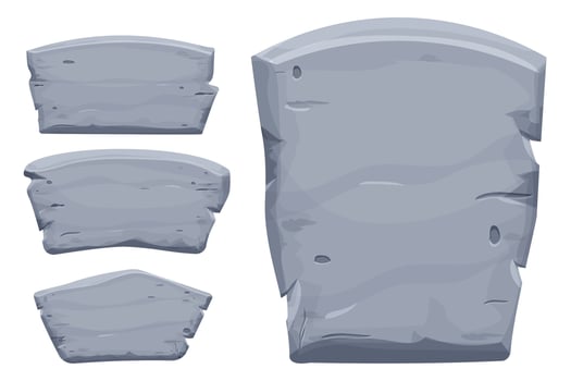 Set of Stone tablet, rock banner with cracked elements in cartoon style isolated on white background. Grey frame, block boulder for interface ui games. Vector illustration