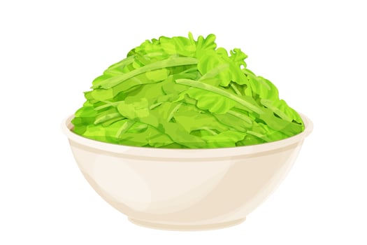 Chopped lettuce leaves in bowl in cartoon style isolated on white background, Healthy raw ingredient, vegetarian dish. Vector illustration