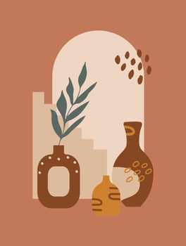 Modern abstract aesthetic background of geometric balance shapes, vase, stairs and plants. Wall decor in boho style. Mid century vector print for cover, wallpaper, card, social media, interior decor