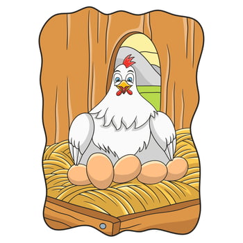 cartoon illustration a hen is incubating her eggs in her cage vector