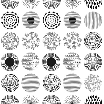 Modern abstract seamless pattern with black round shapes of lines, circles, drops on white background. Vector hand drawn illustration
