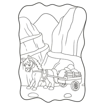 cartoon illustration a horse carrying a cart filled with stones through the road near the ravine book or page for kids black and white vector