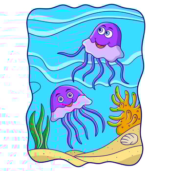 cartoon illustration two jellyfish swimming near the ocean coral reef vector