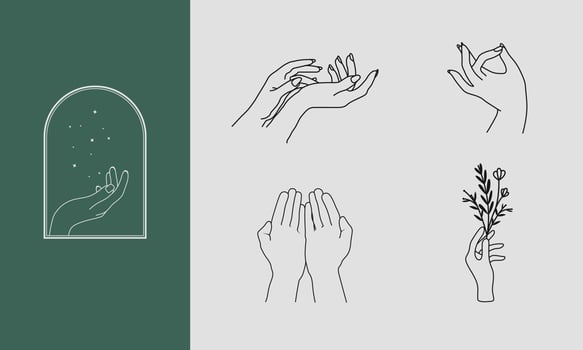 A set of Woman's hand icon collections in a minimal linear style. Vector logo design templates with different hand gestures, Crystal. For cosmetics, beauty, tattoo, Spa, feminine, jewelry store