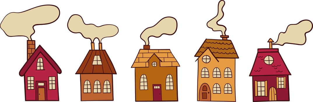 Vector houses with smoke from chimneys. Hand drawing. Flat design