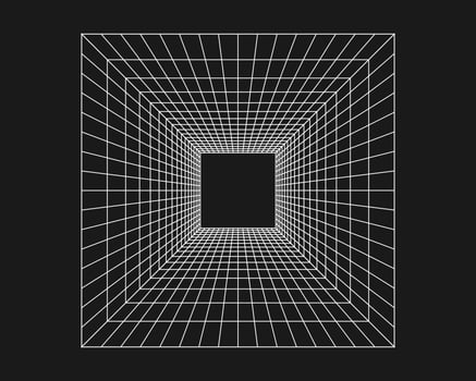 Cyber grid, retro punk perspective rectangular tunnel. Grid tunnel geometry on black background. Vector illustration.