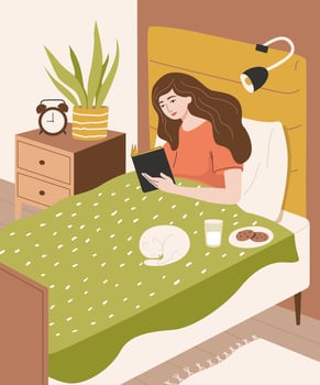 Cute girl reading a book in bed before sleeping. Young woman in bedroom interior with cat, homeplants, cookies and milk. Flat cartoon illustration. vector
