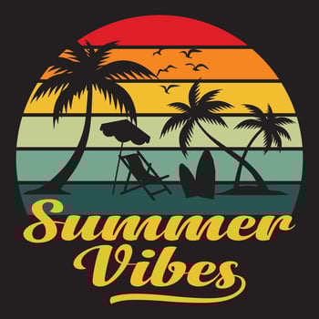 Summer T-shirt Design, Summer vibes poster for t-shirt print. Palm tree and sunset vector