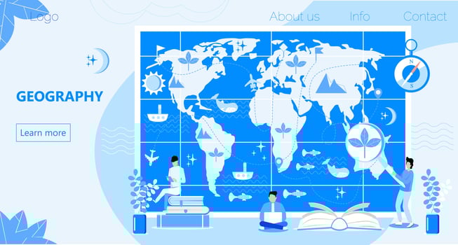 Atlas with metrics, compass, and oceans concept vector. Geographers study earth. Geography online and topography research illustration. Teacher in front of map in school vector