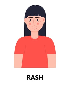 Rash icon vector. Unhappy girl with rash and acne on her face. Woman is infected by rubella, measles. Allergy, eczema illustration. Skin disease vector