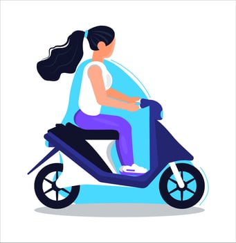 Girl biker vector. Motorcyclist is driving scooter. Woman is riding moped vector