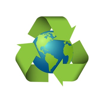 Recycling arrows earth, recycle sign on planet earth isolated on white background, vector illustration