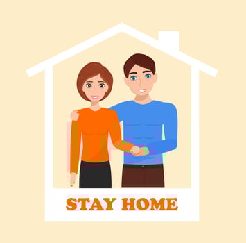 Smiling family is standing together near window and asking that everybody stays at home. Social campaign and support people in self-isolation. Coronavirus prevention vector. vector