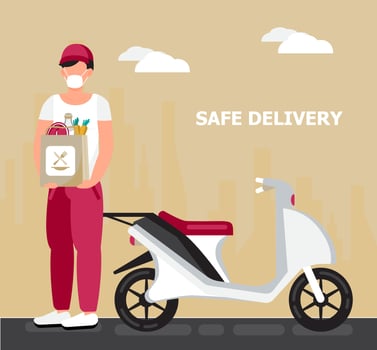 Safe delivery service door to door. Contactless delivery during corona-virus epidemic. Man is carrying box from scooter. vector