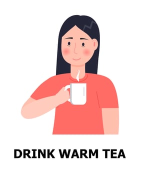 Drink warm tea illustration. Girl is ill, taking cup and drinking hot tea for prevention of flu, influenza. Health care icon vector