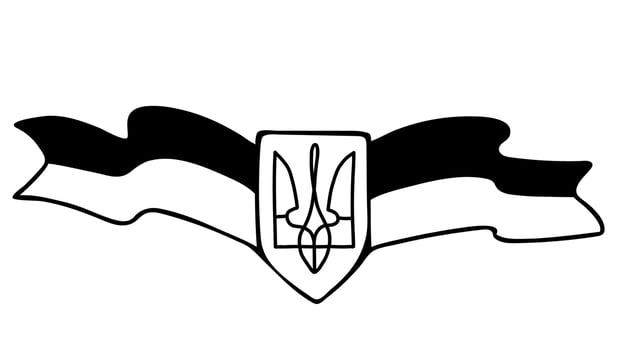 Ukrainian symbol. coat of arms of country is trident and flag. Vector illustration. Hand drawn linear doodle. For design and decoration of Ukrainian themes